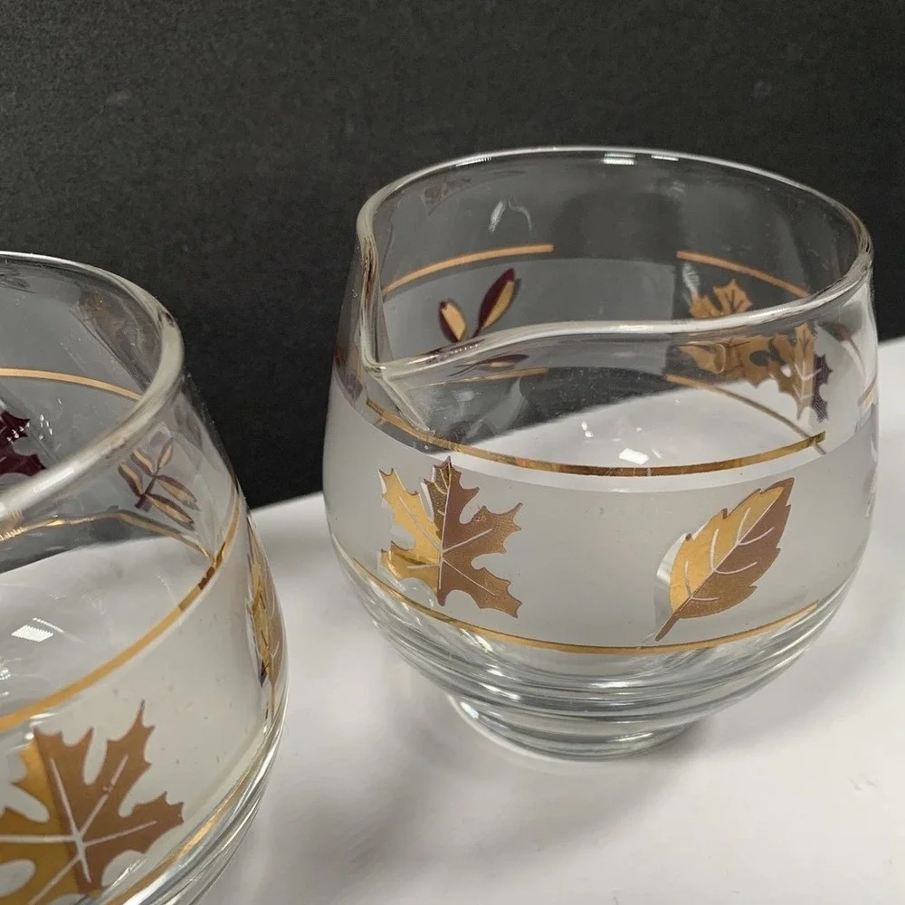 Libbey Glass Creamer Sugar Bowl Set Frosted Leaf Design Gold Trim Retro Vintage